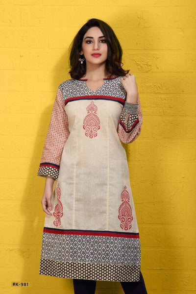 Printed Cream Cotton Kurti