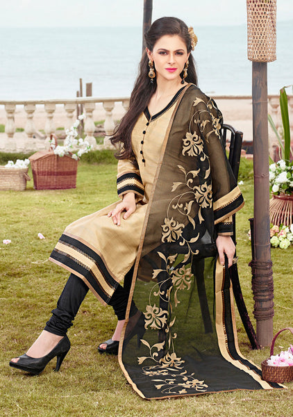 Beige And Black Color Chanderi Cotton Silk Designer Salwar kameez