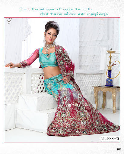 Aqua Blue & Brick Red Net Indian Bridal Lehenga - RAJSHRIFASHIONS