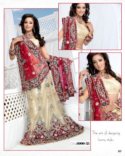 Cream & Brick Red Net Indian Bridal Lehenga  choli