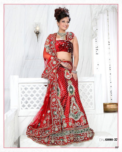  Bright Red Bridal Net Lehenga Choli with duppatta