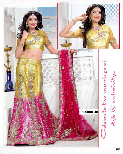 Yellow and Pink Net Lehenga Choli with Dupatta