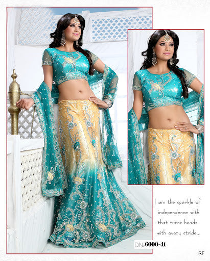 Cream and Turquoise Straight cut Net Lehenga Choli with Dupatta - RAJSHRIFASHIONS