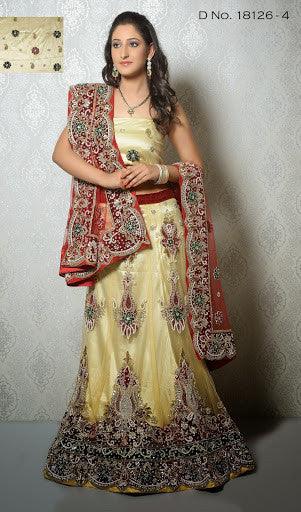 Cream & Magenta Net With Moti Jarkan Chain Work Bridal Lehenga Choli