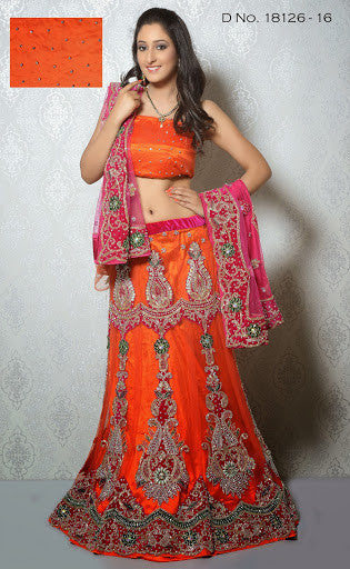 Awesome Orange Color Net Embroidery With Heavy Stone Work Lehenga Choli 