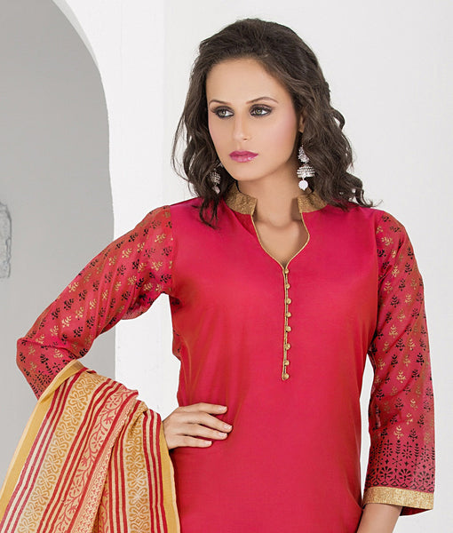 Red Color Chanderi Cotton Silk Salwar Kameez