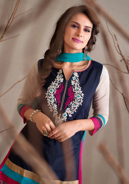 Midnight Blue And Off White Readymade Salwar Suit