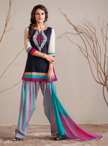 Midnight Blue And Off White Readymade Salwar Suit