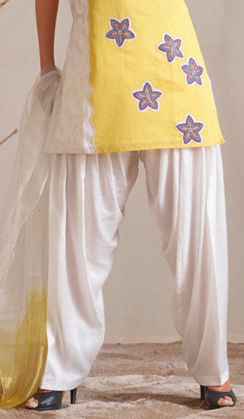 Lemon Yellow And Off White  Readymade Salwar Suit