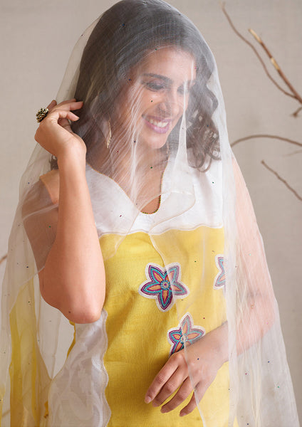 Lemon Yellow And Off White  Readymade Salwar Suit