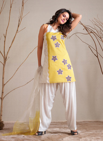 Lemon Yellow And Off White  Readymade Salwar Suit