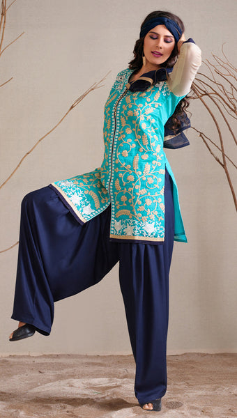 Aqua Blue And Off White Readymade Salwar Suit