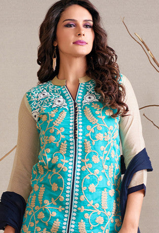 Aqua Blue And Off White Readymade Salwar Suit