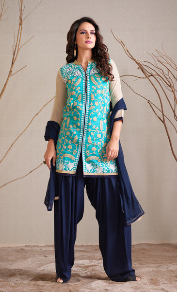 Aqua Blue And Off White Readymade Salwar Suit