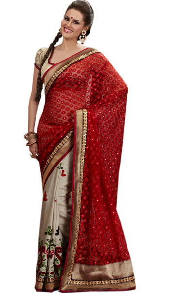 Latest New Look Graceful  Silk Red Applique Work resham_embroidery Party Ethnic sarees