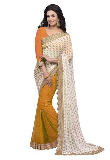 Georgette Half And Half  Elegant Fancy Black Patch Worked Party Saree - RAJSHRIFASHIONS