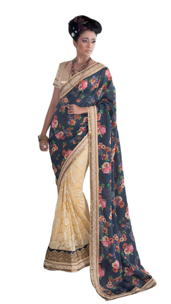Latest New Look Graceful  Georgette Black Applique Work floral_print Wedding Ethnic Designer Sarees - RAJSHRIFASHIONS
