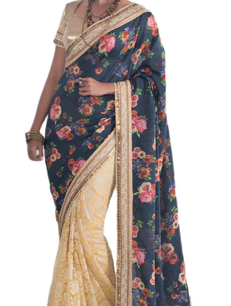 Latest New Look Graceful  Georgette Black Applique Work floral_print Wedding Ethnic sarees