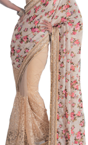 Latest New Look Graceful  Georgette Beige Applique Work floral_print Wedding Ethnic sarees