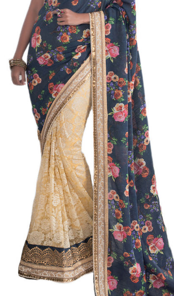 Latest New Look Graceful  Georgette Black Applique Work floral_print Wedding Ethnic sarees