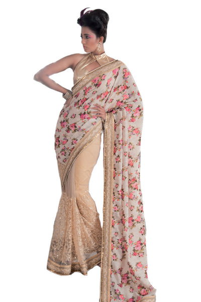 Latest New Look Graceful  Georgette Beige Applique Work floral_print Wedding Ethnic Designer Sarees