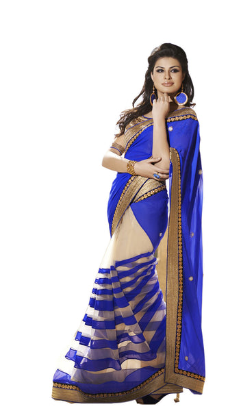 Latest New Look Graceful  Net Blue Applique Work resham_embroidery Party Ethnic sarees