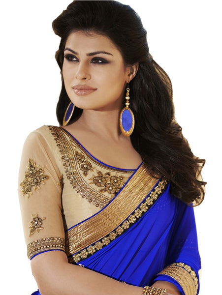 Latest New Look Graceful  Net Blue Applique Work resham_embroidery Party Ethnic sarees