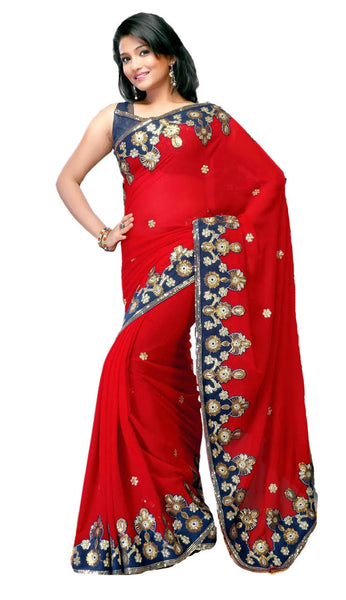 Latest New Look Graceful  Net Red Applique Work stone_work Party Ethnic Designer Sarees