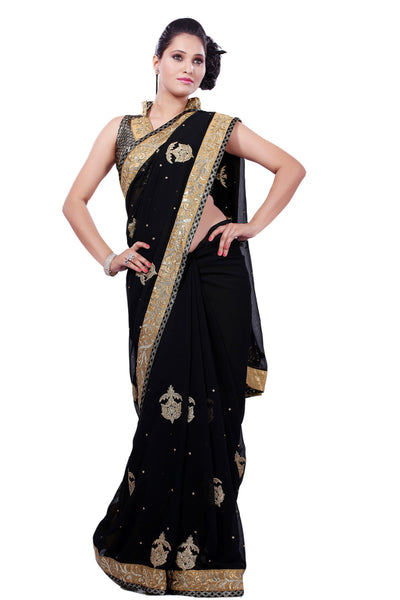 Latest New Look Graceful  Georgette Black Applique Work resham_embroidery Wedding Ethnic Designer Sarees