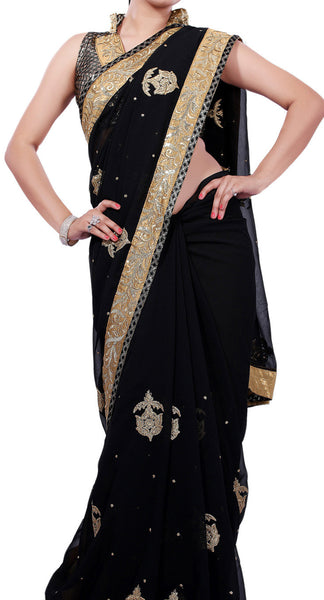 Latest New Look Graceful  Georgette Black Applique Work resham_embroidery Wedding Ethnic sarees