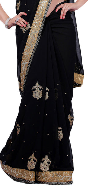 Latest New Look Graceful  Georgette Black Applique Work resham_embroidery Wedding Ethnic sarees