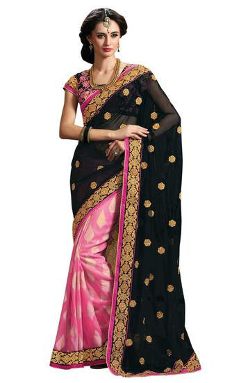 Pink & Chiku color saree on Georgette Chiffon  is surely to add charm to your personal - RAJSHRIFASHIONS