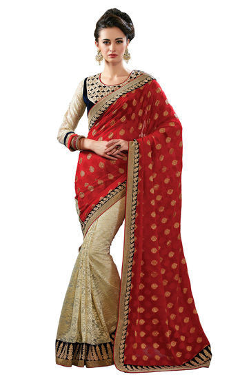 Amazingly Chiffon gold buti and chiffon supercoat saree in White and Pink color - RAJSHRIFASHIONS