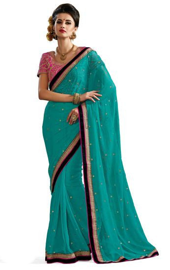 Awesome !!! Royal Blue color saree amazingly crafted on Georgette Chiffon saree - RAJSHRIFASHIONS