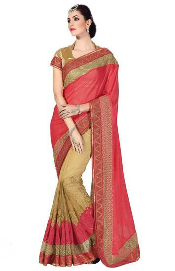 Fancy designer satin chiffon hot pink  with a applique zari and sequines worked saree - RAJSHRIFASHIONS
