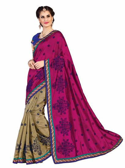 Amazingly  Grand Elegant Half N Half Style Look Beige Printed Saree - RAJSHRIFASHIONS