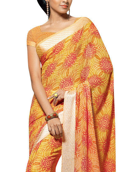 Lift up your persona with its enriching Orange , pink crepe saree - RAJSHRIFASHIONS
