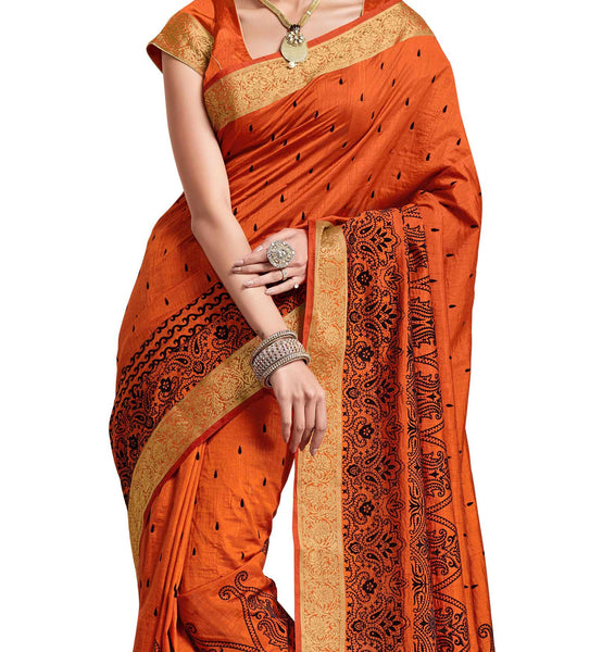 Diva Extravagant Sense in Simple Orange Dupion Silk Embroidered pashmina_silk Wedding  Lace Embroidery Border Saree
