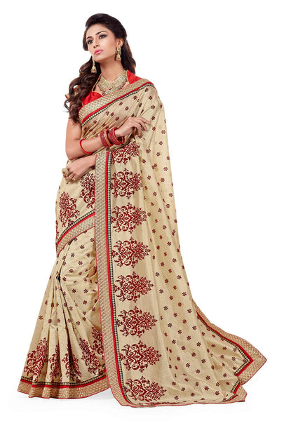 Striking Powerful Look  Cream Dupion Silk Embroidered pashmina_silk Wedding  Lace Embroidery Border Saree
