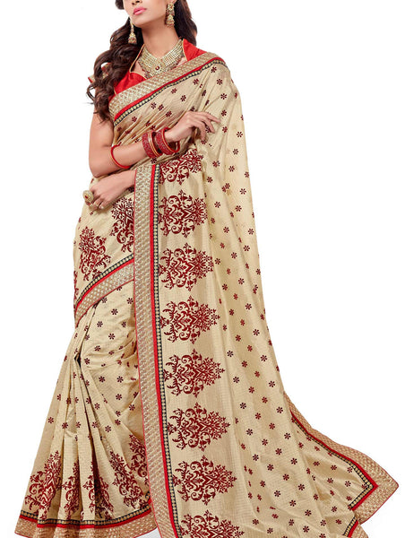 Striking Powerful Look  Cream Dupion Silk Embroidered pashmina_silk Wedding  Lace Embroidery Border Saree