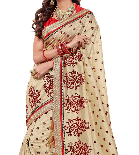 Striking Powerful Look  Cream Dupion Silk Embroidered pashmina_silk Wedding  Lace Embroidery Border Saree