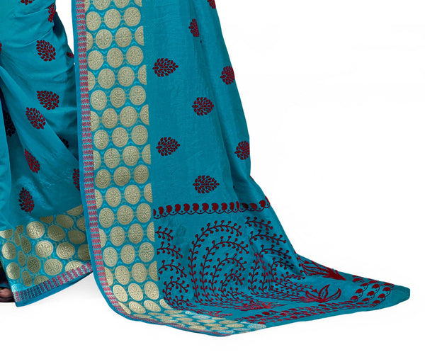 Rich Influence  Blue Dupion Silk Embroidered pashmina_silk Wedding  Lace Embroidery Border Saree