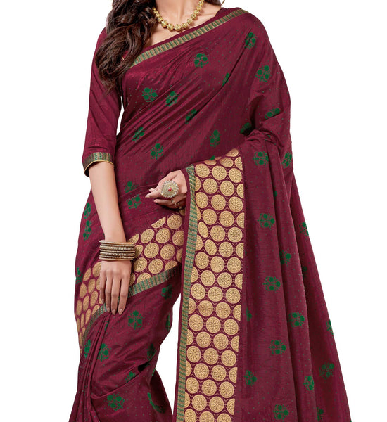 Tantalising Collection of Ethnic Wear Maroon Dupion Silk Embroidered pashmina_silk Wedding  Lace Embroidery Border Saree