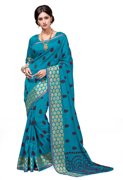 Rich Influence  Blue Dupion Silk Embroidered pashmina_silk Wedding  Lace Embroidery Border Saree