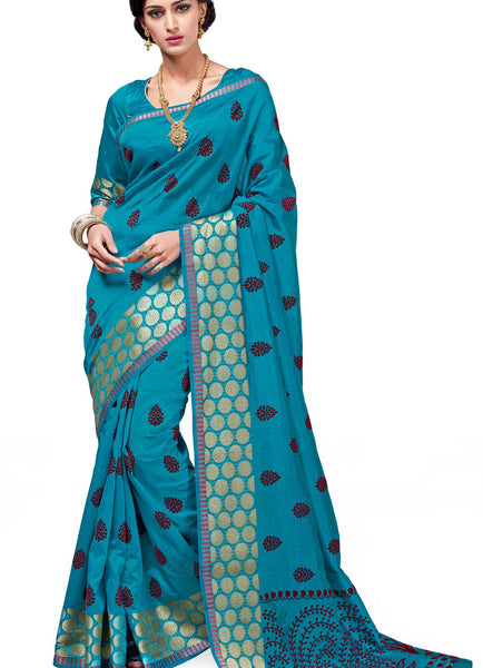 Rich Influence  Blue Dupion Silk Embroidered pashmina_silk Wedding  Lace Embroidery Border Saree