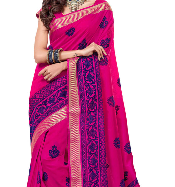 Ethnic Sense  Pink Dupion Silk Embroidered pashmina_silk Wedding  Lace Embroidery Border Saree - RAJSHRIFASHIONS