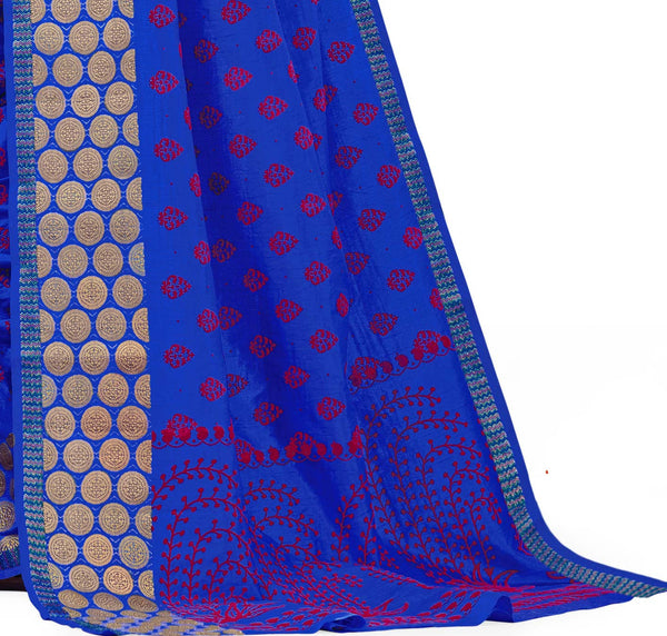 Graceful charming Blue Dupion Silk Embroidered pashmina_silk Wedding  Lace Embroidery Border Saree
