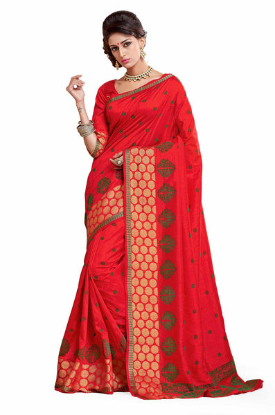 Enjoy Wedding Glitz  Red Dupion Silk Embroidered pashmina_silk Wedding  Lace Embroidery Border Saree - RAJSHRIFASHIONS