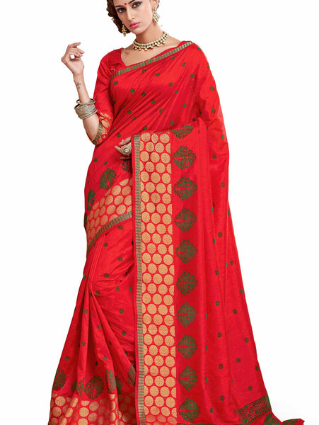 Enjoy Wedding Glitz  Red Dupion Silk Embroidered pashmina_silk Wedding  Lace Embroidery Border Saree - RAJSHRIFASHIONS