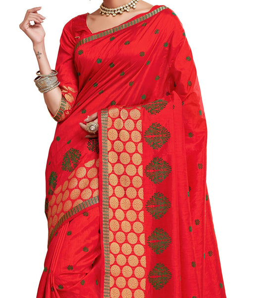 Enjoy Wedding Glitz  Red Dupion Silk Embroidered pashmina_silk Wedding  Lace Embroidery Border Saree